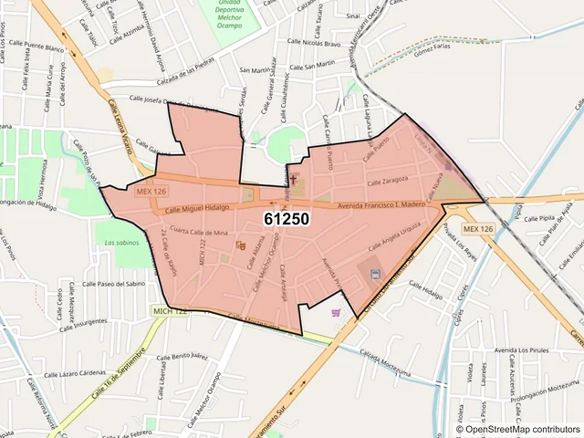Mapa del código postal 61250, Maravatío, Michoacán de Ocampo