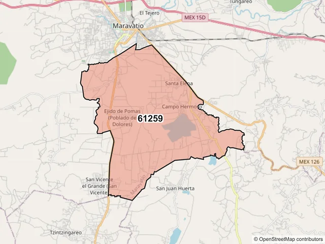Mapa del código postal 61259, Maravatío, Michoacán de Ocampo
