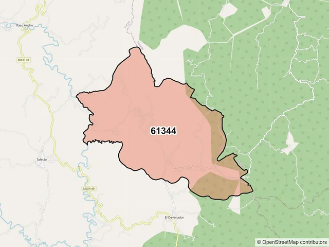 Mapa del código postal 61344, Tzitzio, Michoacán de Ocampo