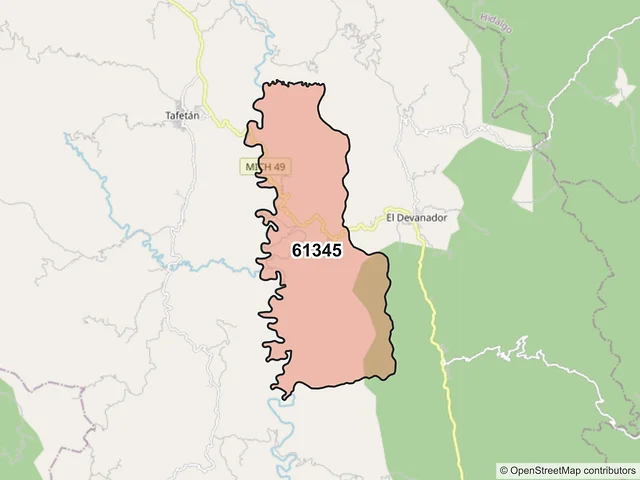 Mapa del código postal 61345, Tzitzio, Michoacán de Ocampo