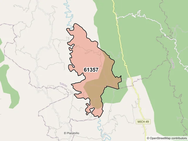 Mapa del código postal 61357, Tzitzio, Michoacán de Ocampo