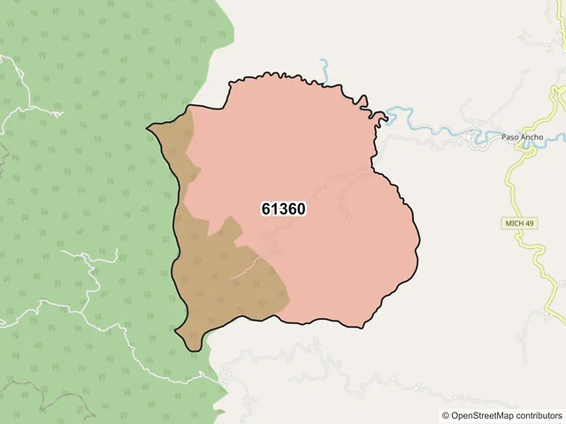 Mapa del código postal 61360, Tzitzio, Michoacán de Ocampo