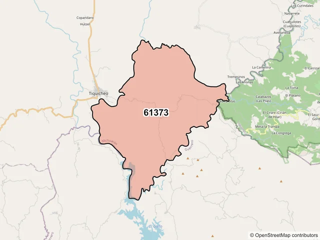 Mapa del código postal 61373, Tiquicheo de Nicolás Romero, Michoacán de Ocampo
