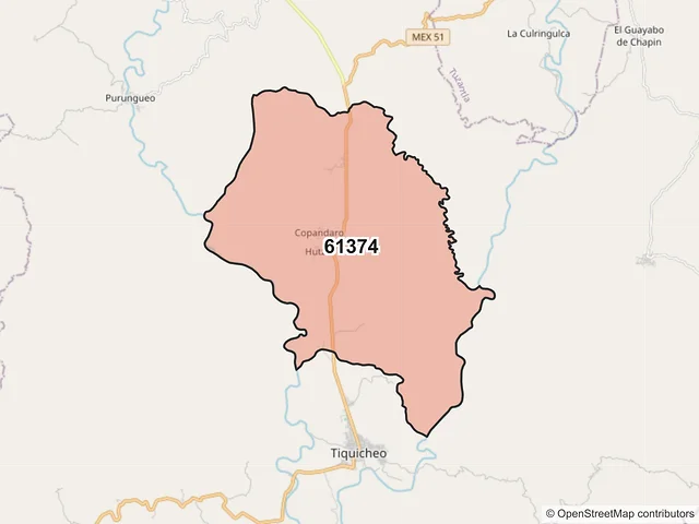 Mapa del código postal 61374, Tiquicheo de Nicolás Romero, Michoacán de Ocampo