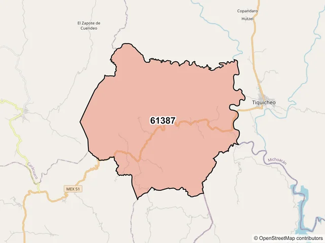 Mapa del código postal 61387, Tiquicheo de Nicolás Romero, Michoacán de Ocampo