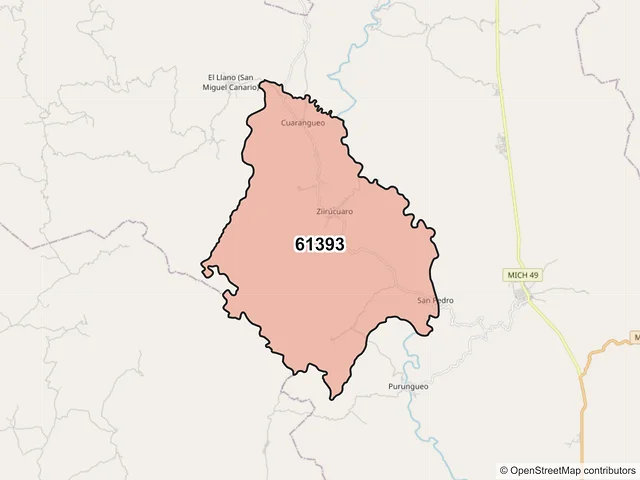 Mapa del código postal 61393, Tiquicheo de Nicolás Romero, Michoacán de Ocampo