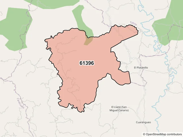 Mapa del código postal 61396, Tiquicheo de Nicolás Romero, Michoacán de Ocampo