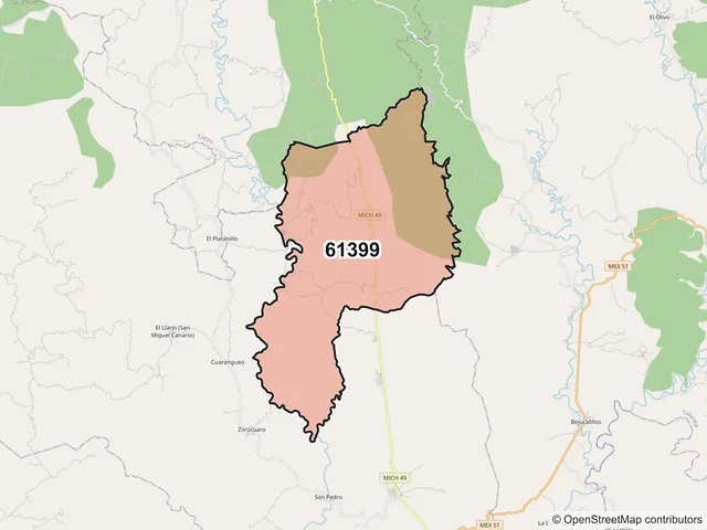 Mapa del código postal 61399, Tiquicheo de Nicolás Romero, Michoacán de Ocampo