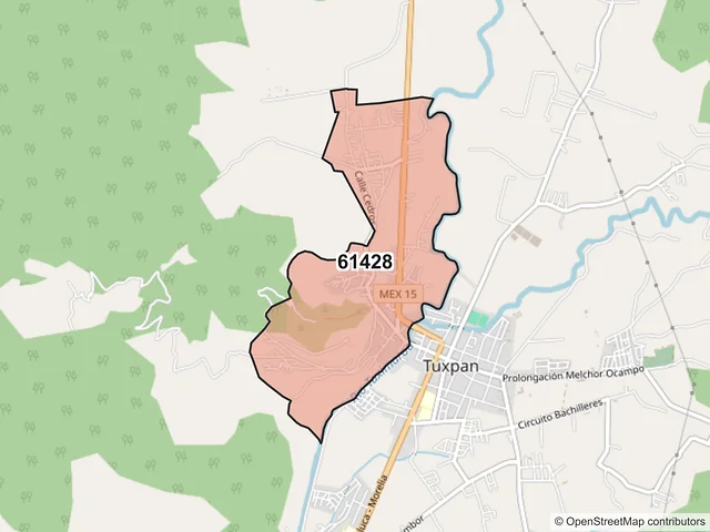 Mapa del código postal 61428, Tuxpan, Michoacán de Ocampo