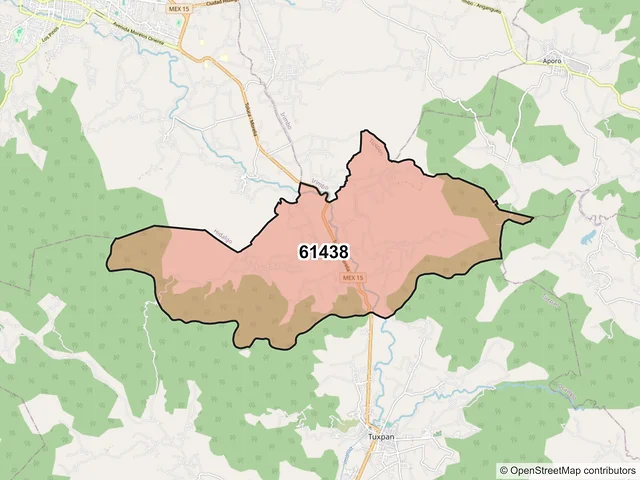 Mapa del código postal 61438, Tuxpan, Michoacán de Ocampo