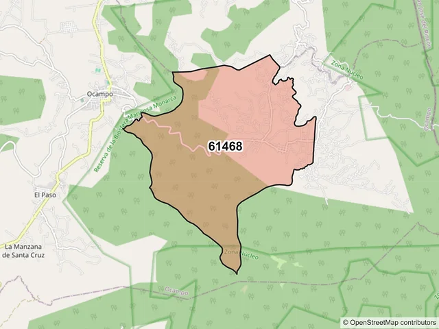 Mapa del código postal 61468, Ocampo, Michoacán de Ocampo