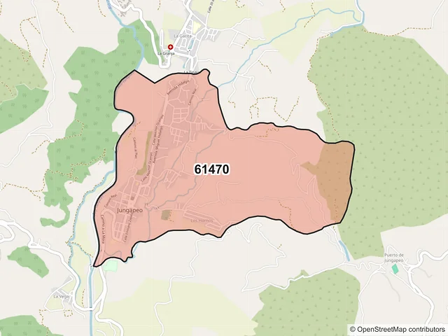 Mapa del código postal 61470, Jungapeo, Michoacán de Ocampo