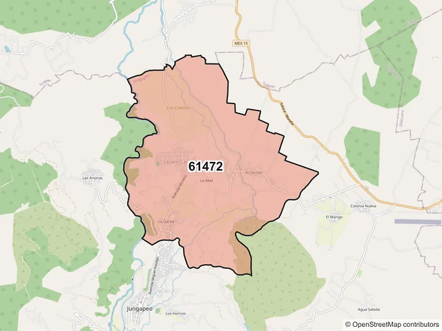 Mapa del código postal 61472, Jungapeo, Michoacán de Ocampo