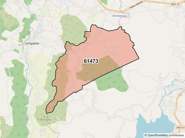 Mapa del código postal 61473, Jungapeo, Michoacán de Ocampo