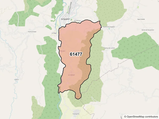 Mapa del código postal 61477, Jungapeo, Michoacán de Ocampo