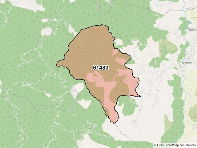 Mapa del código postal 61483, Jungapeo, Michoacán de Ocampo
