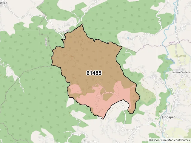 Mapa del código postal 61485, Jungapeo, Michoacán de Ocampo