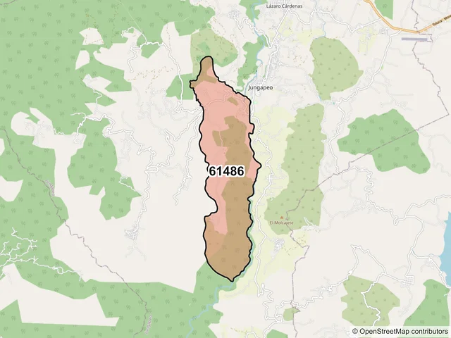 Mapa del código postal 61486, Jungapeo, Michoacán de Ocampo