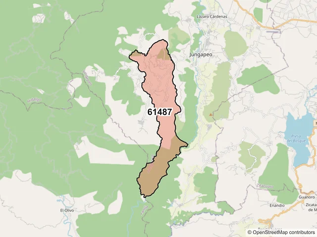 Mapa del código postal 61487, Jungapeo, Michoacán de Ocampo