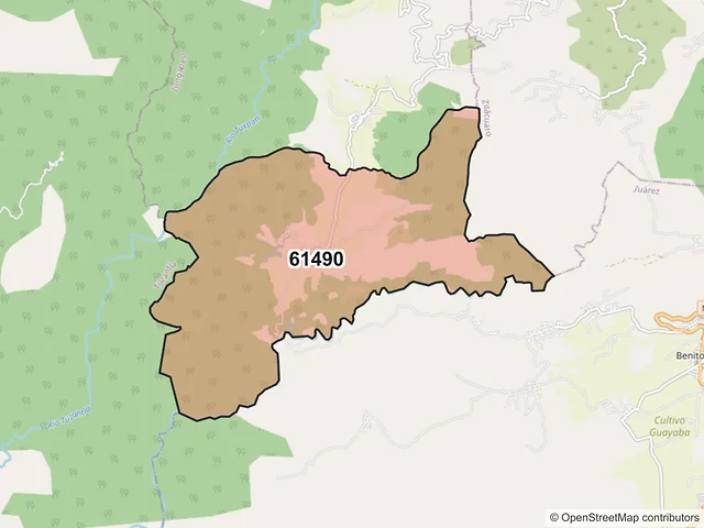 Mapa del código postal 61490, Jungapeo, Michoacán de Ocampo