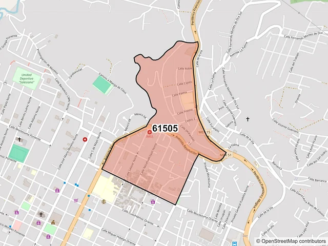 Mapa del código postal 61505, Zitácuaro, Michoacán de Ocampo