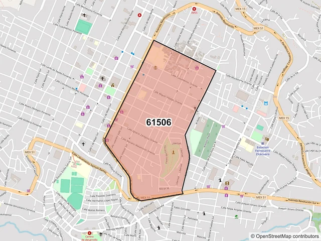 Mapa del código postal 61506, Zitácuaro, Michoacán de Ocampo
