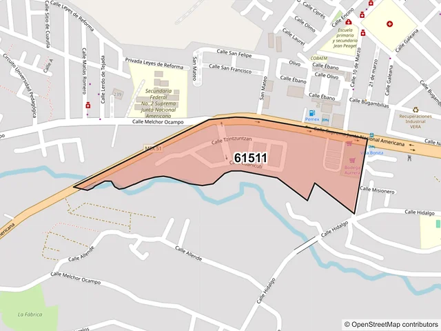 Mapa del código postal 61511, Zitácuaro, Michoacán de Ocampo