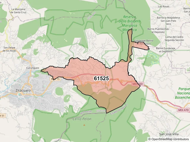 Mapa del código postal 61525, Zitácuaro, Michoacán de Ocampo