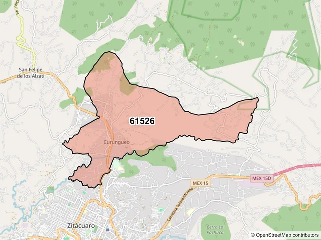 Mapa del código postal 61526, Zitácuaro, Michoacán de Ocampo