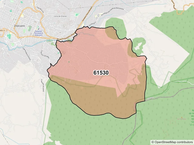 Mapa del código postal 61530, Zitácuaro, Michoacán de Ocampo