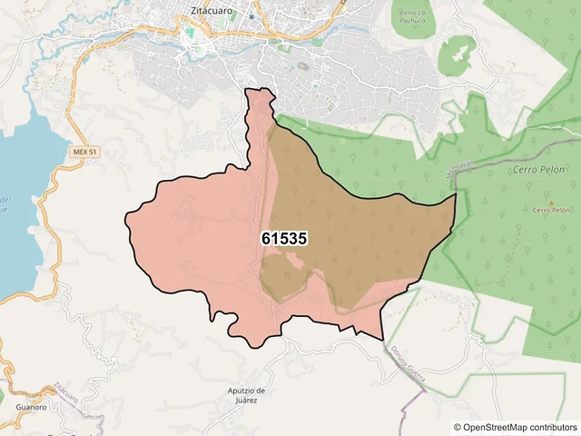 Mapa del código postal 61535, Zitácuaro, Michoacán de Ocampo
