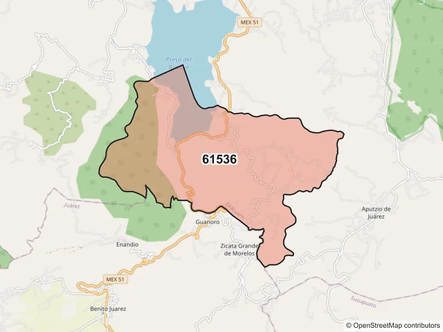 Mapa del código postal 61536, Zitácuaro, Michoacán de Ocampo