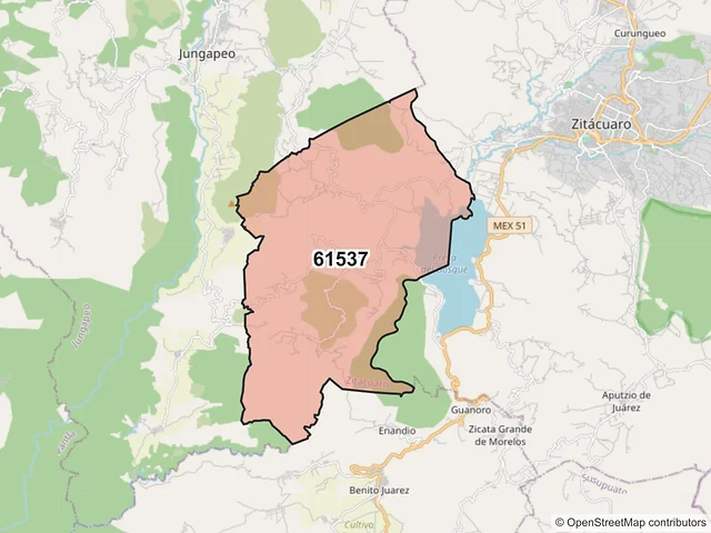 Mapa del código postal 61537, Zitácuaro, Michoacán de Ocampo