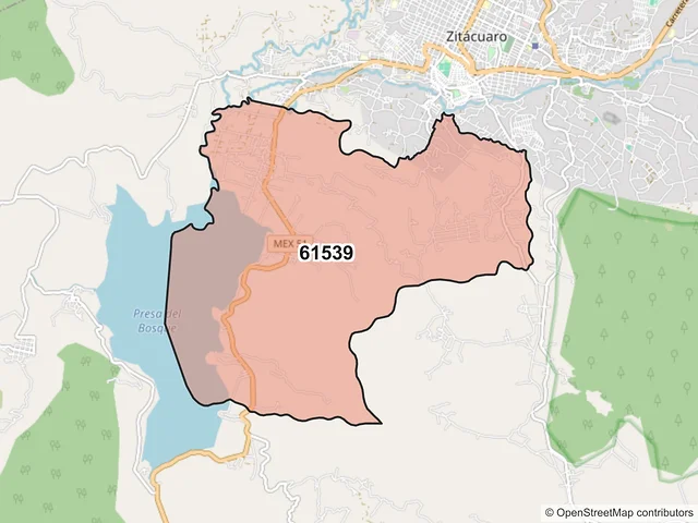 Mapa del código postal 61539, Zitácuaro, Michoacán de Ocampo