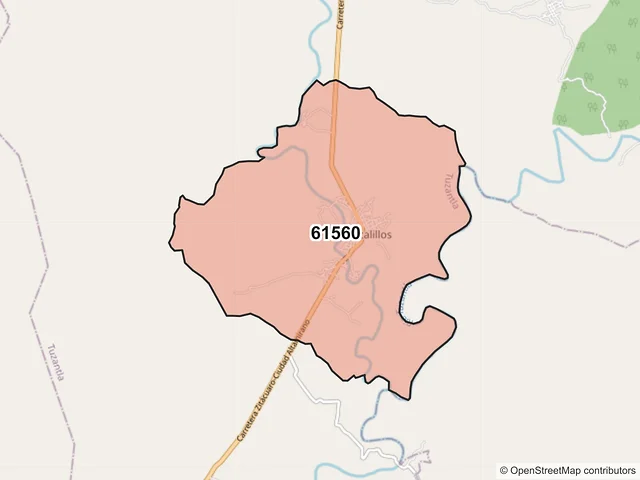 Mapa del código postal 61560, Tuzantla, Michoacán de Ocampo