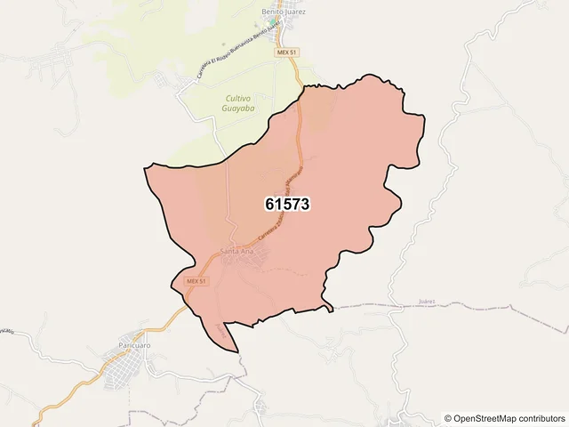 Mapa del código postal 61573, Juárez, Michoacán de Ocampo