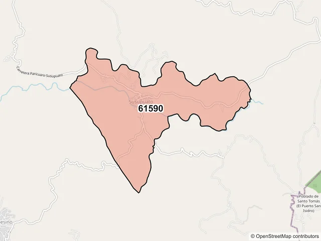 Mapa del código postal 61590, Susupuato, Michoacán de Ocampo
