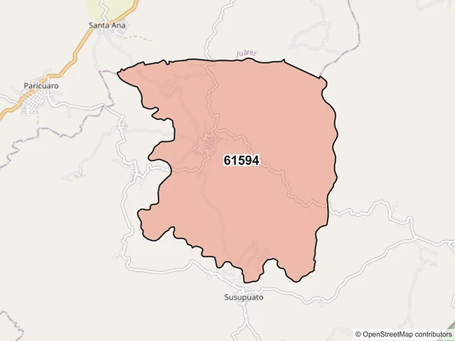 Mapa del código postal 61594, Susupuato, Michoacán de Ocampo