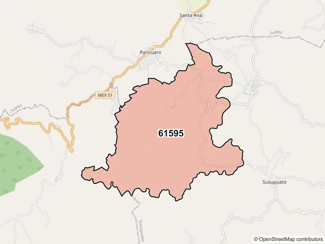 Mapa del código postal 61595, Susupuato, Michoacán de Ocampo