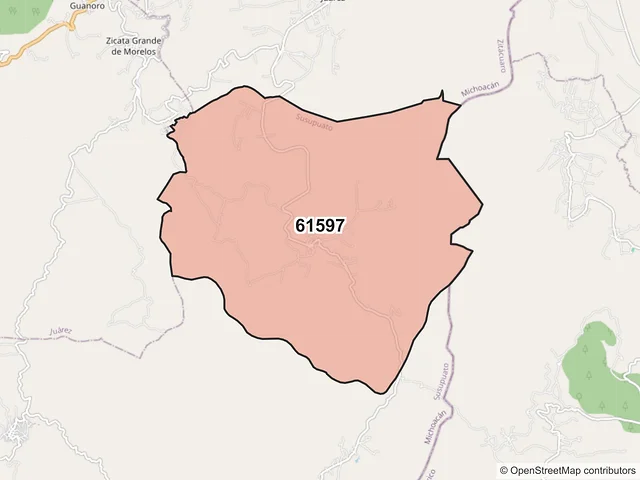 Mapa del código postal 61597, Susupuato, Michoacán de Ocampo