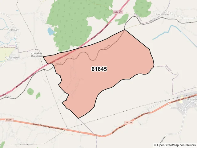 Mapa del código postal 61645, Huiramba, Michoacán de Ocampo