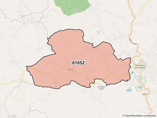 Mapa del código postal 61652, Tacámbaro, Michoacán de Ocampo
