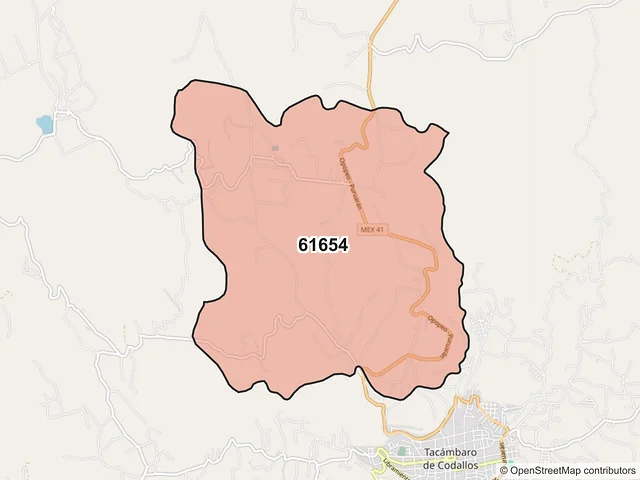Mapa del código postal 61654, Tacámbaro, Michoacán de Ocampo