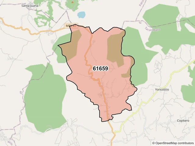 Mapa del código postal 61659, Tacámbaro, Michoacán de Ocampo