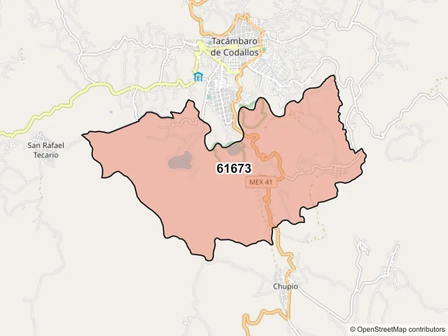 Mapa del código postal 61673, Tacámbaro, Michoacán de Ocampo