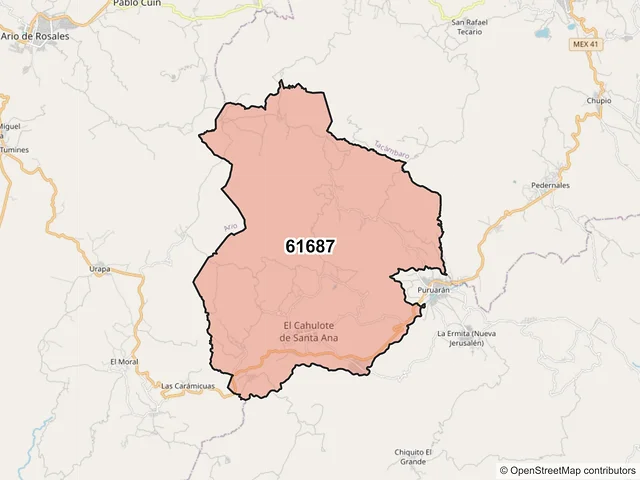 Mapa del código postal 61687, Turicato, Michoacán de Ocampo