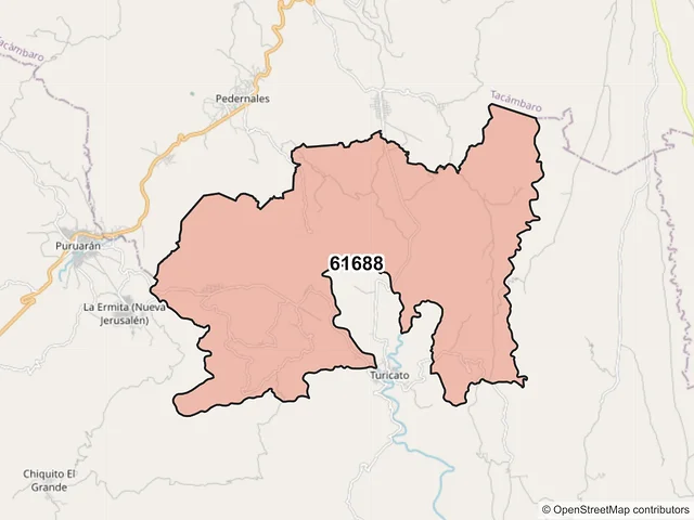 Mapa del código postal 61688, Turicato, Michoacán de Ocampo