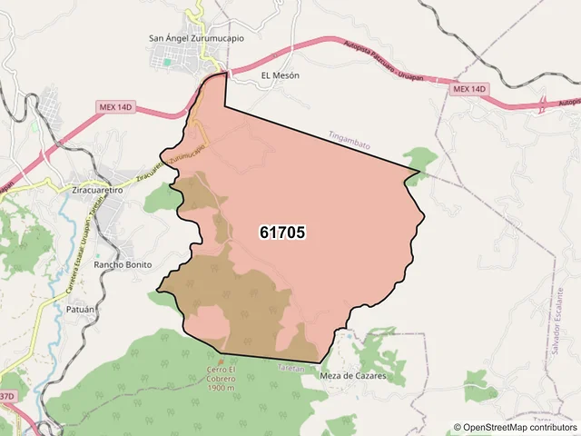 Mapa del código postal 61705, Ziracuaretiro, Michoacán de Ocampo