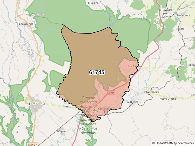 Mapa del código postal 61745, Gabriel Zamora, Michoacán de Ocampo