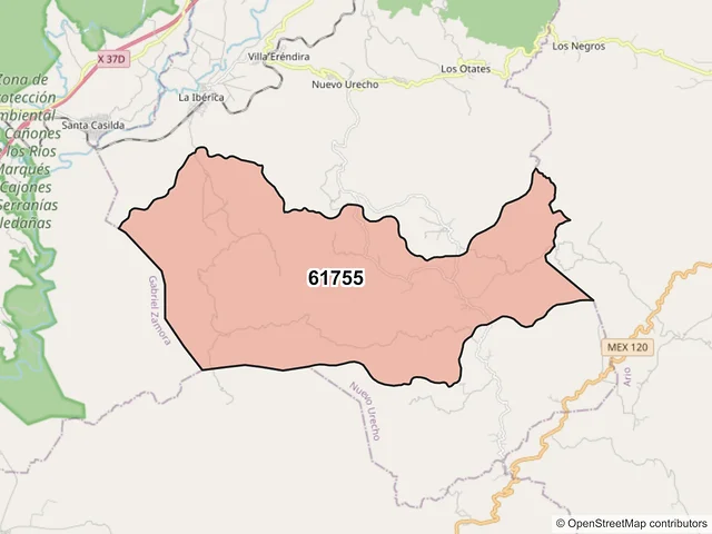 Mapa del código postal 61755, Nuevo Urecho, Michoacán de Ocampo
